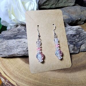 Hand Crafted Dangle Drop Earrings With Silver Toned and Pink Crackle Glass Beads